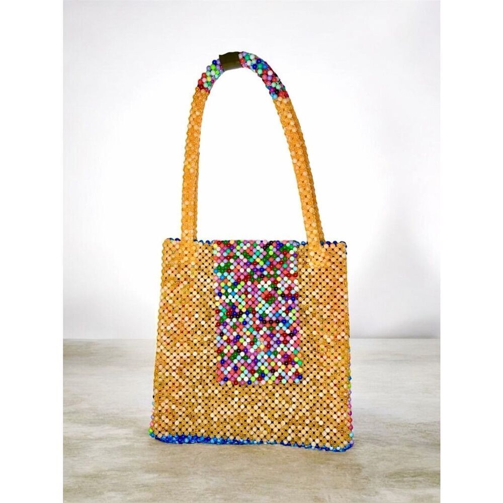 African Craftmanship Handmade Beaded Yellow Blue Multicolor Tote Bag OS NEW